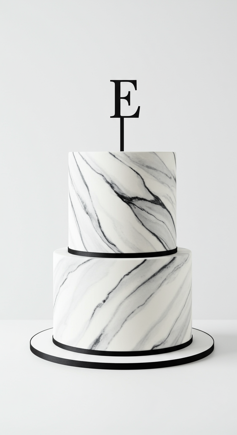 Zweistöckige weiß-schwarz marmorierte Torte mit schwarzem Band und „E“-Topper.