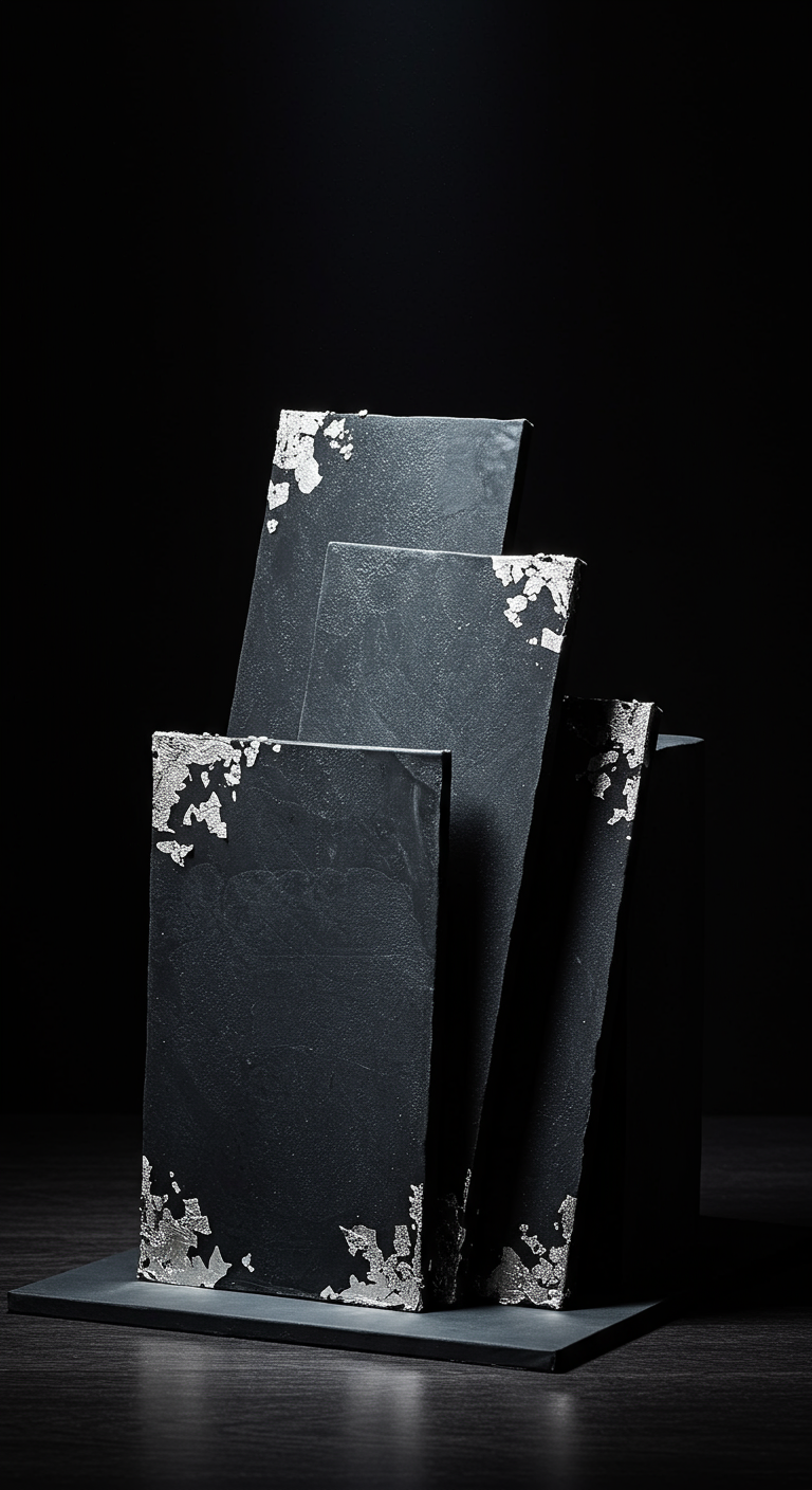 Skulpturale Anordnung schwarzer, mit Silber verzierten Platten auf dunklem Grund.