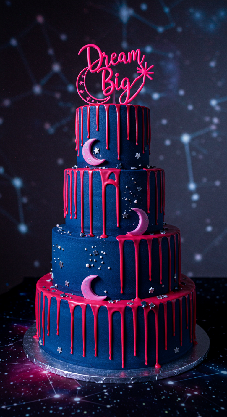 Vierstöckige dunkelblaue Torte mit pinkem Drip, Monden, Sternen und 'Dream Big' Topper.