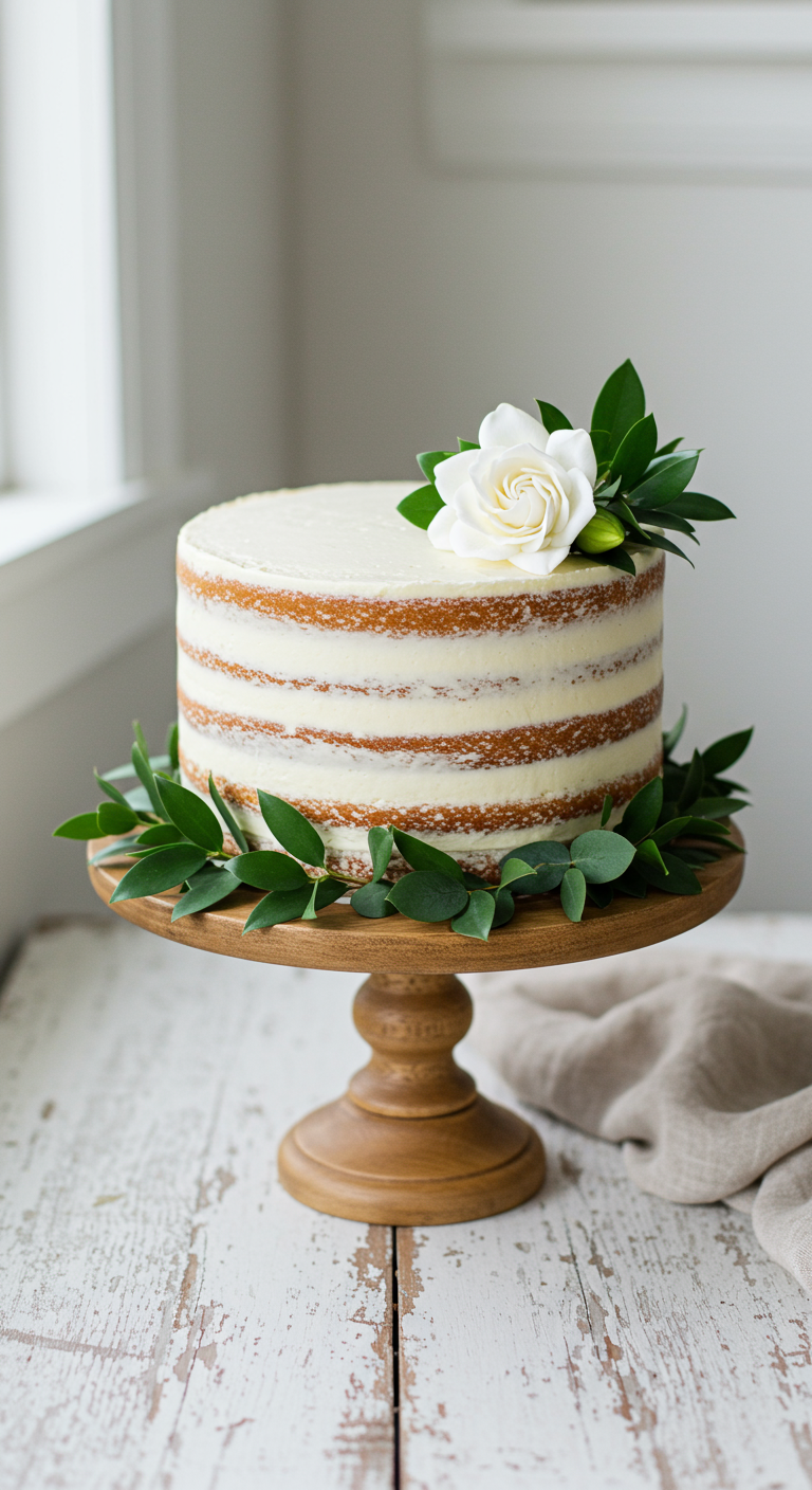 Naked Cake mit sichtbaren Böden, dünner Cremeschicht, weißer Blume und grünen Blättern.