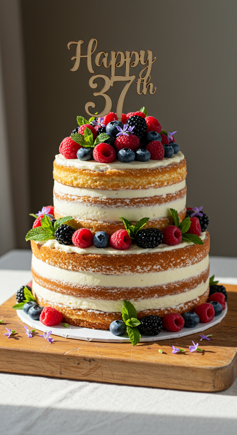Zweistöckiger Naked Cake mit viel heller Creme, frischen Beeren und Holz-Topper.