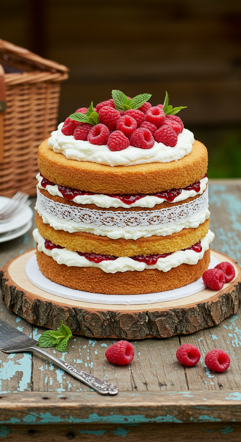 Naked Cake mit Himbeeren, Sahne und Spitzenband.
