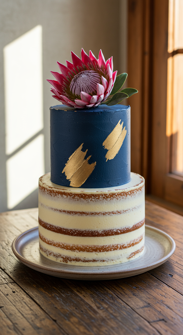 Zweistöckige Torte: unten Naked Cake, oben dunkelblau mit Goldstrichen und großer rosa Blüte.