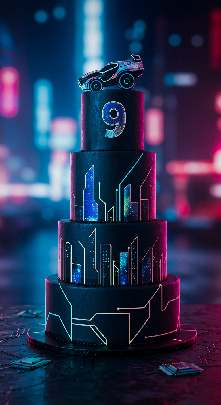 Mehrstöckige schwarze Torte mit leuchtenden Neonlinien und einem futuristischen Auto-Topper.