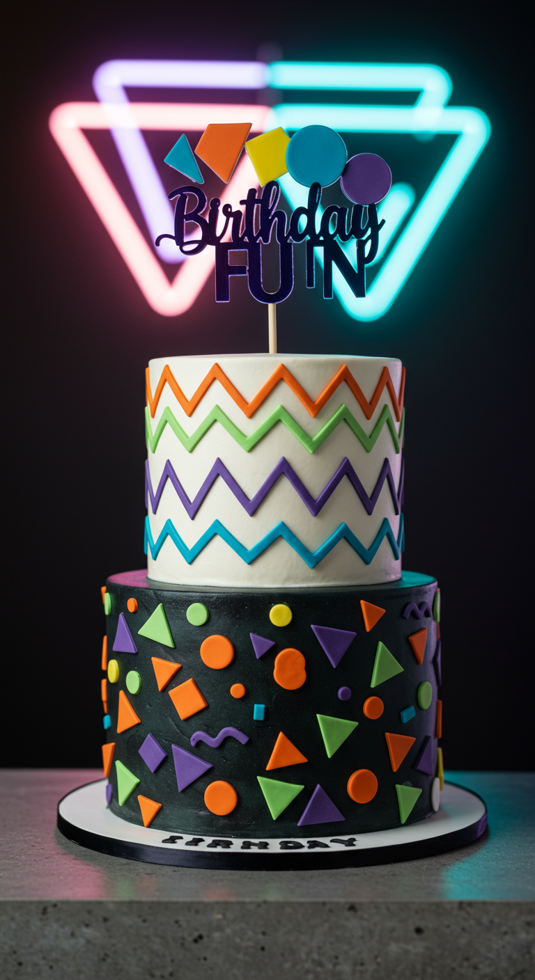 Zweistöckige Torte mit Neon-Memphis-Formen auf schwarzem und weißem Grund.