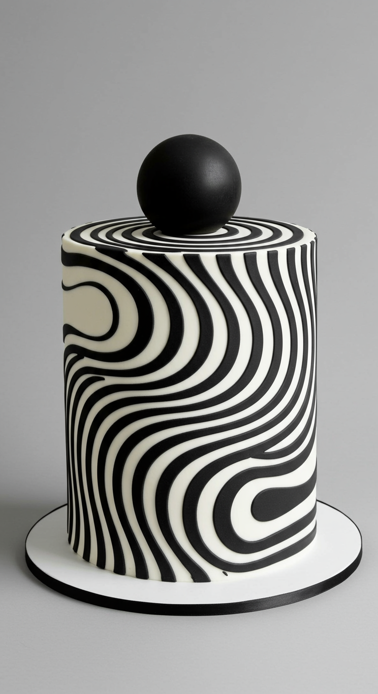 Zylindrische Torte mit schwarz-weißem Op-Art-Wellenmuster und einer schwarzen Kugel obenauf.