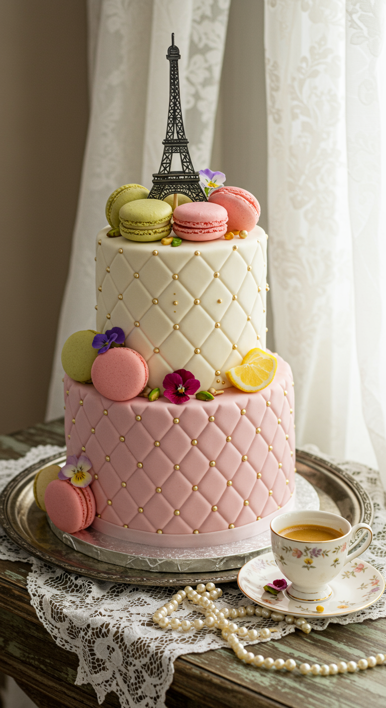 Zweistöckige rosa-weiße Torte, Steppmuster, Macarons, Eiffelturm.