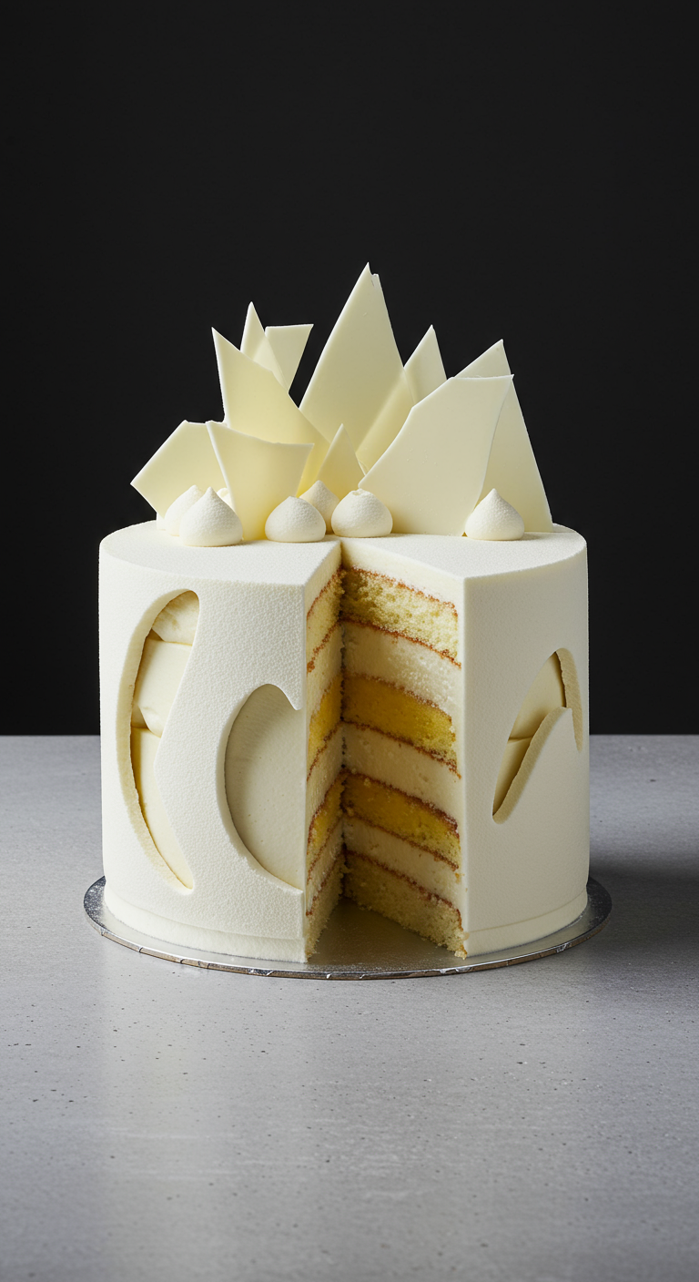 Weiße Torte mit runden und herzförmigen Ausstanzungen, die die gelben Kuchens Füllungsschichten zeigen.