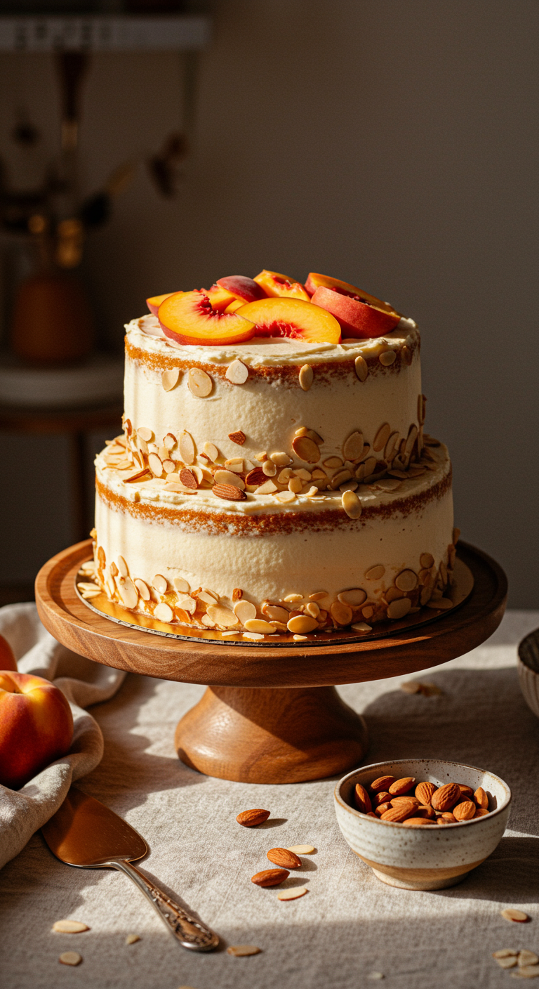 Zweistöckige Torte mit Pfirsichspalten und Mandelblättchen am Rand.