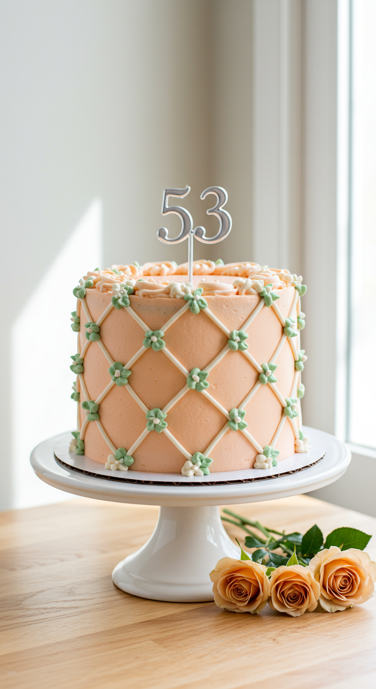 Pfirsichfarbene Torte mit weiß-grünem Gittermuster aus Buttercreme und Zahl 53 Topper