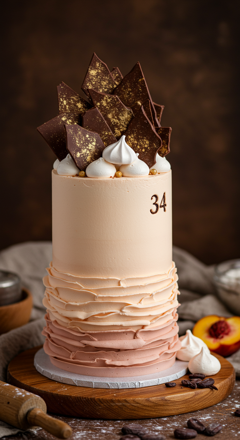 Hohe Torte mit pfirsichfarbenen Ombré-Rüschen, Schokosplittern und „34“ als Zahl.