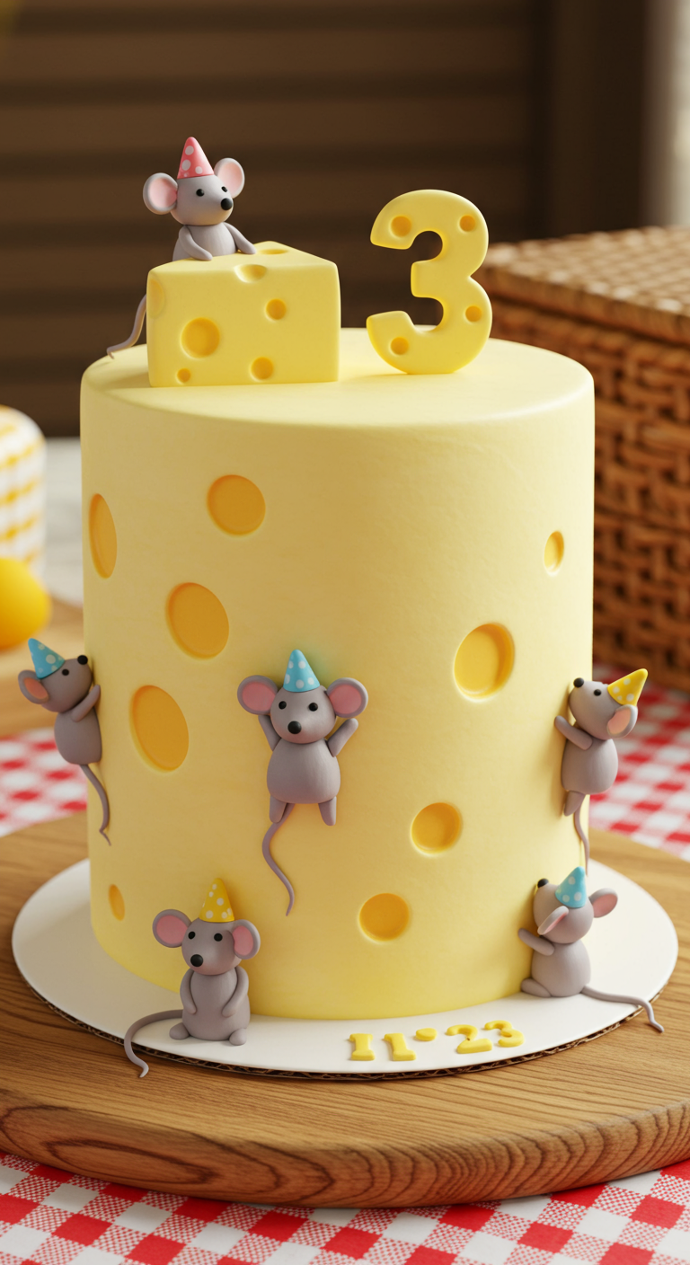 Gelbe Käsetorte mit kleinen Fondant-Mäusen und