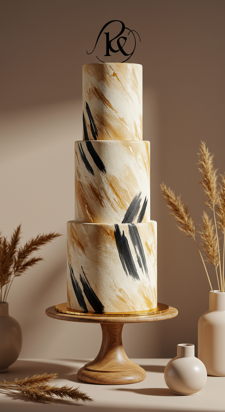 Dreistöckige Torte mit abstrakten Pinselstrichen in Beige, Gold und Schwarz.