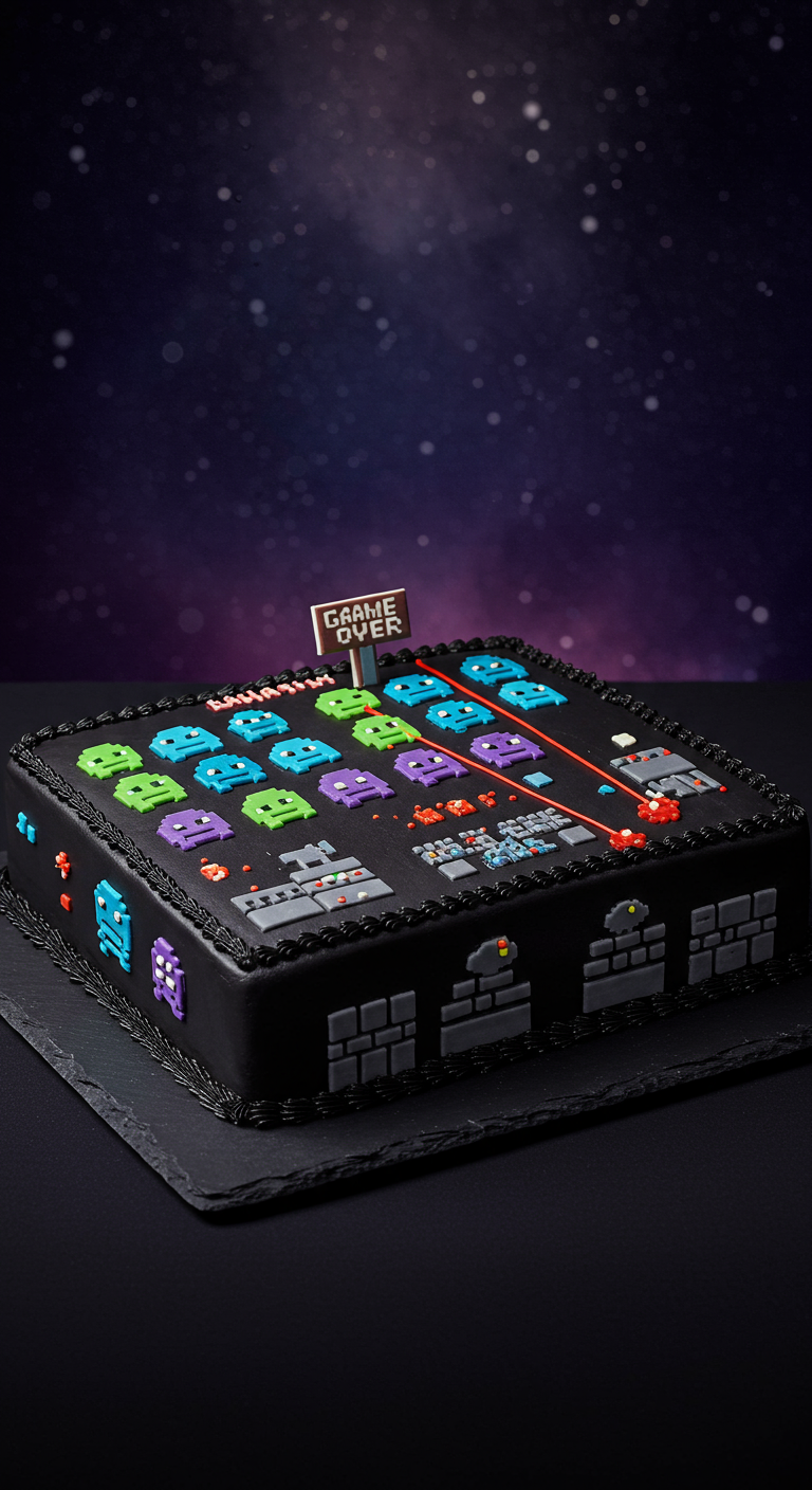 Schwarze rechteckige Space Invaders Torte mit bunten Pixel-Aliens und 'Game Over'-Schild