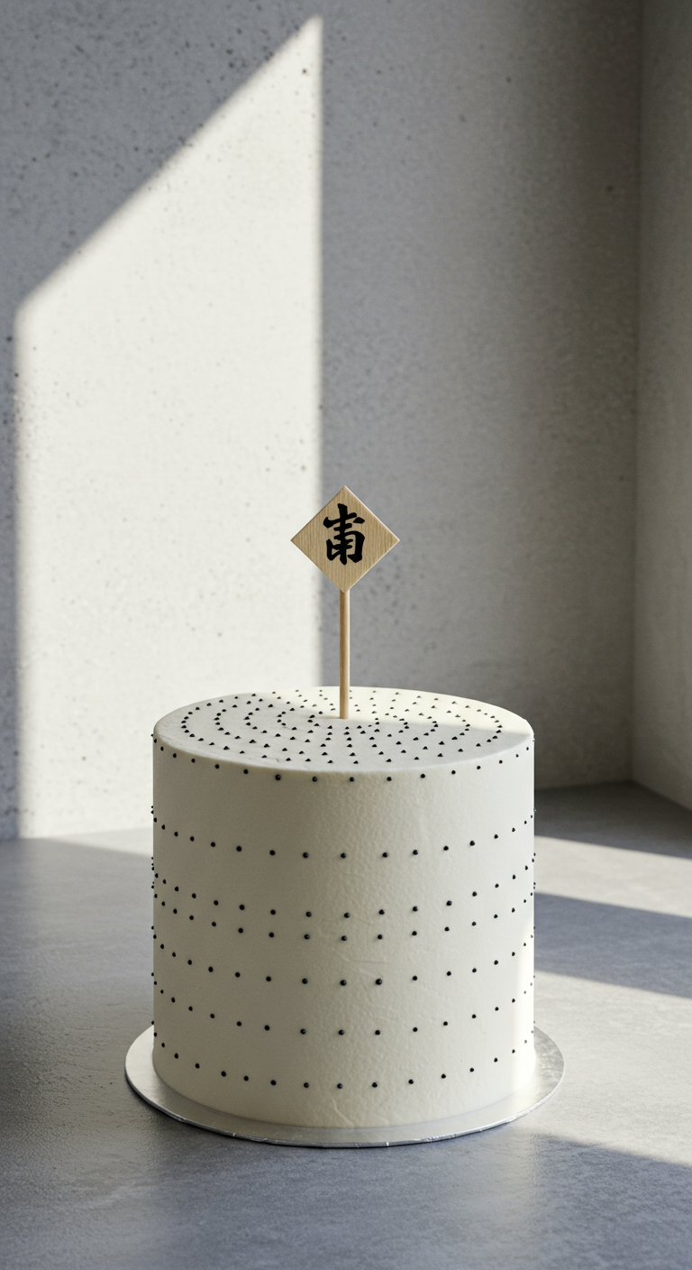 Weiße Torte mit feinen schwarzen Punkten und einem Holz-Topper mit asiatischem Schriftzeichen.