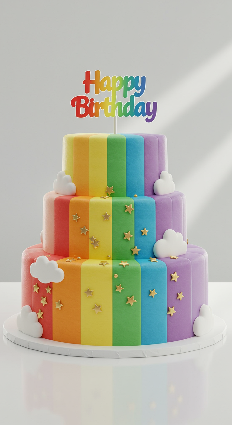Dreistöckige Regenbogentorte mit Happy Birthday Topper und Sternen.