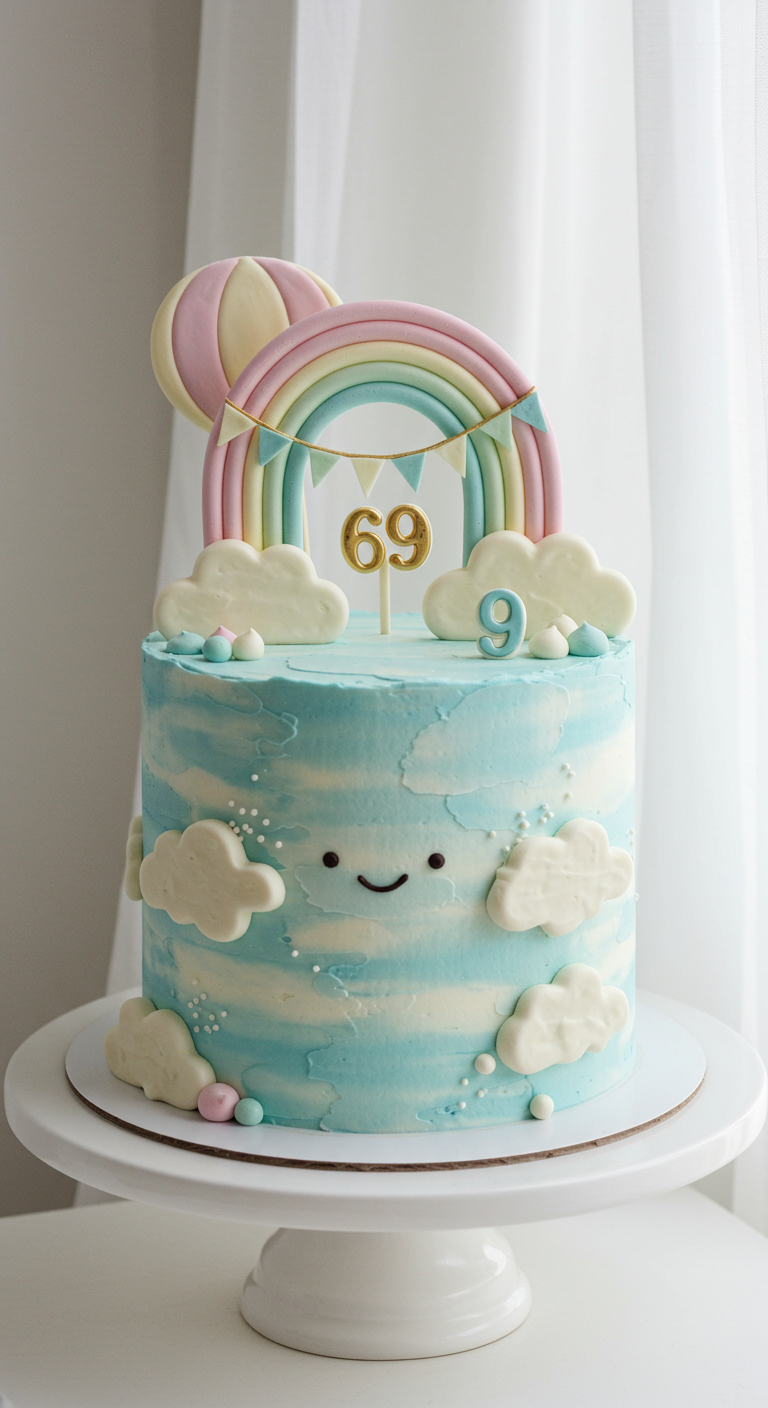 Hellblaue Torte mit Wolken-Buttercreme, Regenbogen-Topper und Zahl 69.