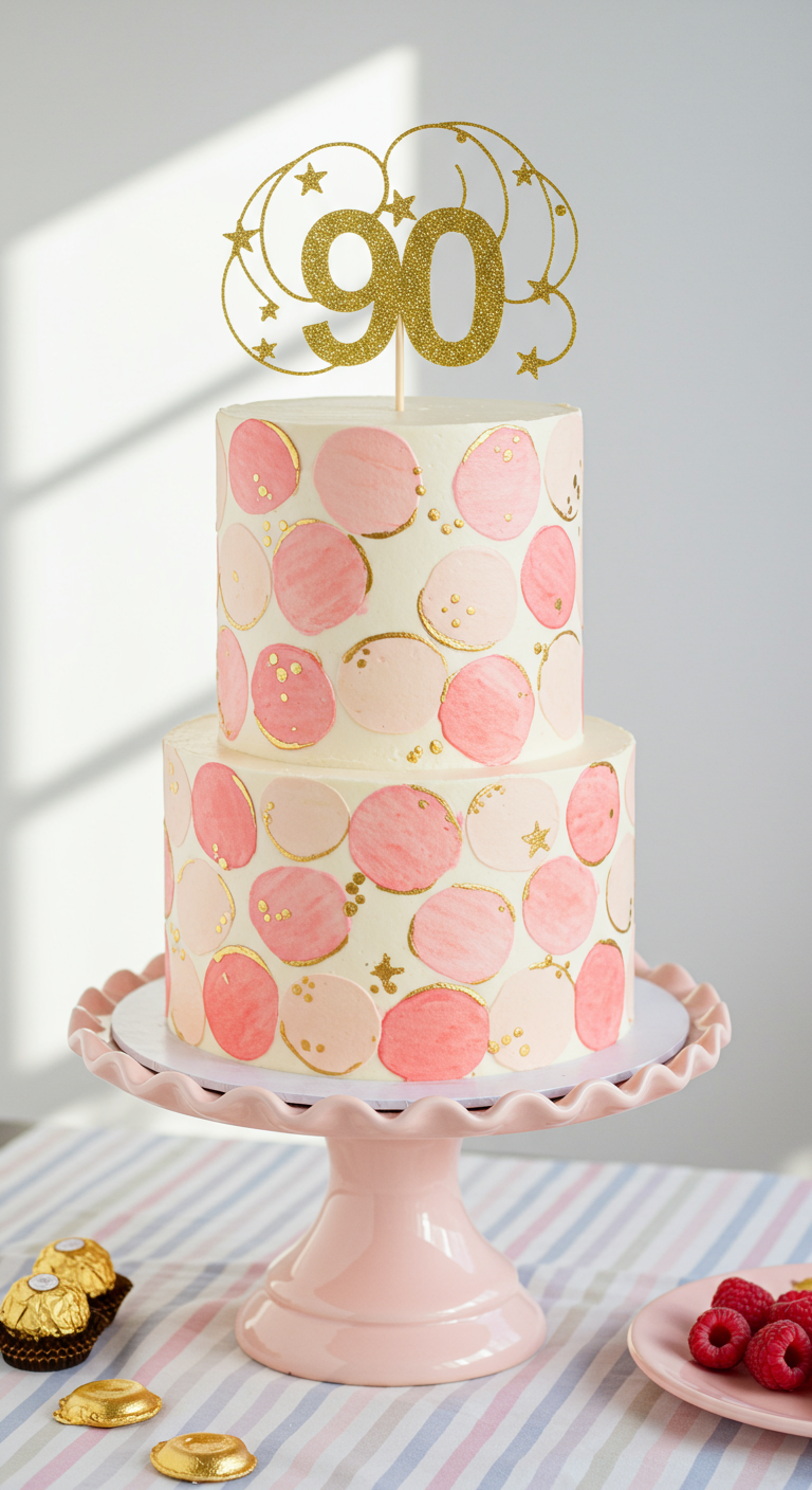 Zweistöckige weiße Torte mit rosa Aquarell-Punkten und goldenen Details.