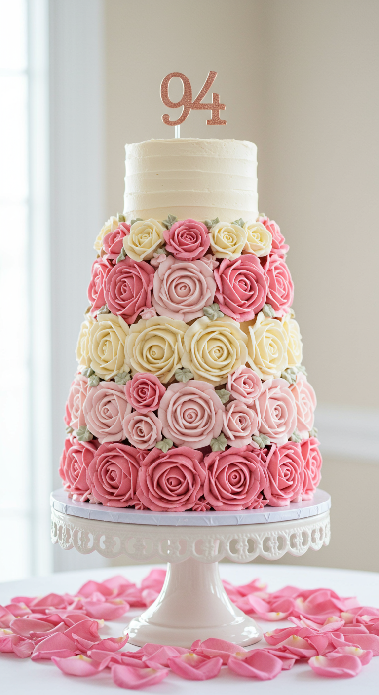 Hohe Torte komplett mit Buttercreme-Rosen in verschiedenen Rosatönen bedeckt.