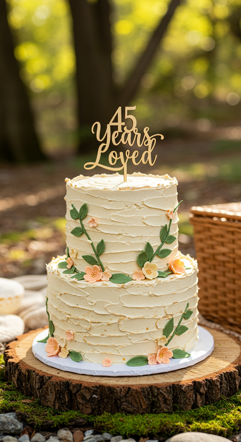 Zweistöckige rustikale Buttercreme-Torte mit einfachen Blüten und Holz-Topper