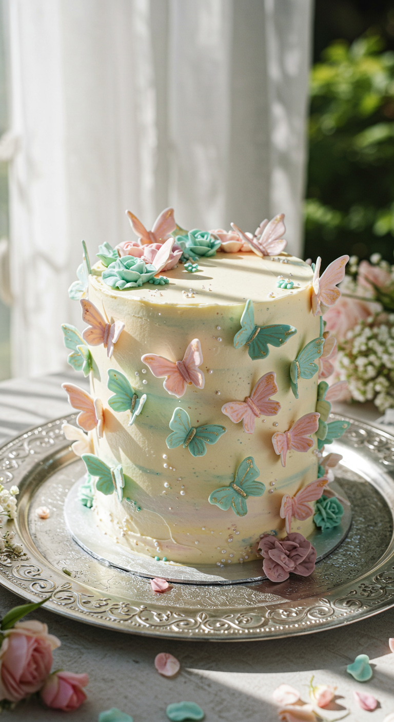 Buttercreme-Torte mit pastellfarbenen Schmetterlingen und kleinen Zuckerblumen.