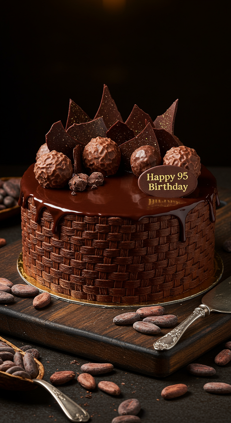 Schokoladentorte im Korbgeflecht-Look mit Schokotropfen und „Happy 95 Birthday“-Schild.