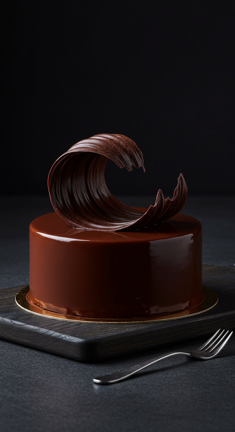 Glatte Schokoladen-Mirror-Glaze-Torte mit einer eleganten Schokoladenwelle.