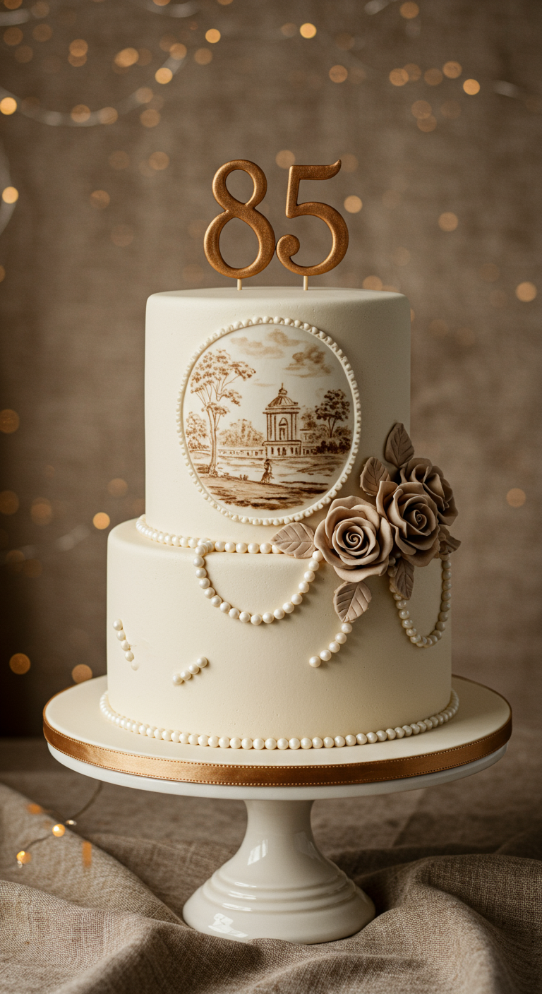Zweistöckige Cremetorte mit Sepia-Bild, Zuckerrosen und Perlendetails.