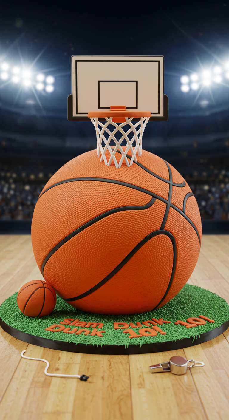 Kuchen in Form eines Basketballs mit Korb auf einem Feld aus grünem Zuckerguss.