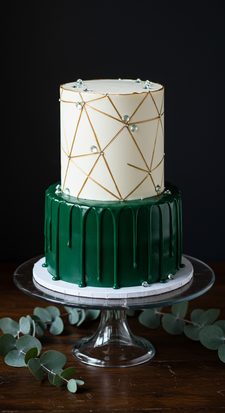 Zweistöckige Torte: unten smaragdgrüner Drip, oben weiß mit goldenen geometrischen Linien und Kristallen.