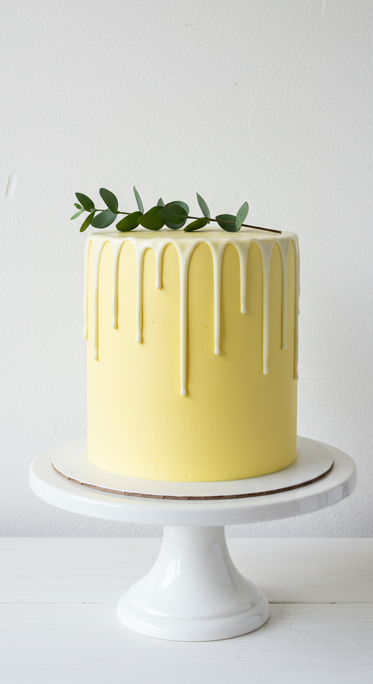 Gelbe Torte mit weißem Schokoladen-Drip und Eukalyptuszweig.