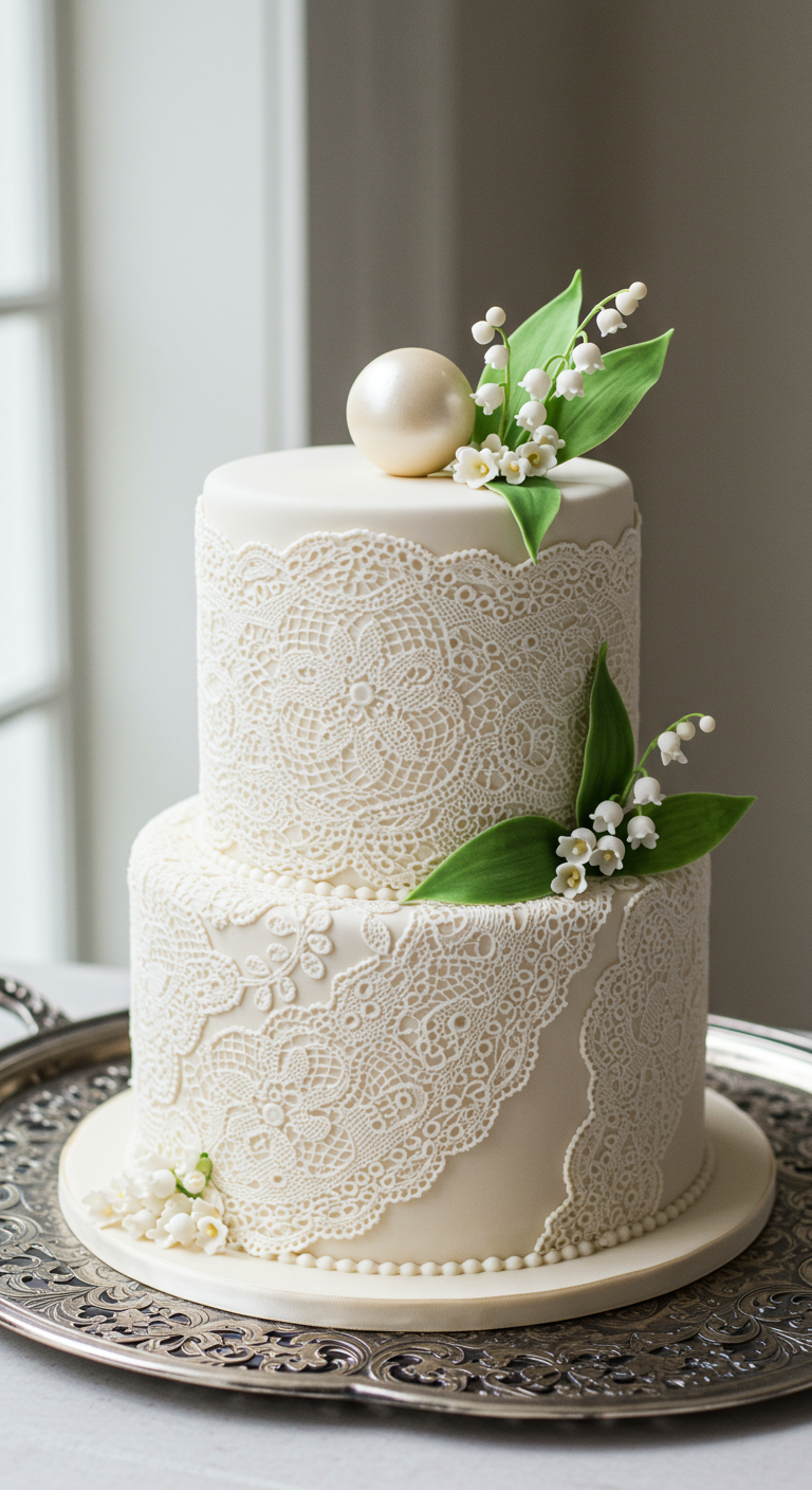 Zweistöckige weiße Torte mit essbarer Spitze und Maiglöckchen.