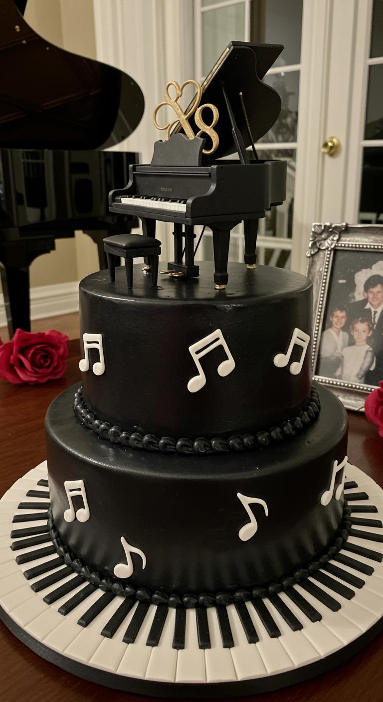 Zweistöckige schwarze Torte mit Klaviertasten, Musiknoten und Flügel-Topper.
