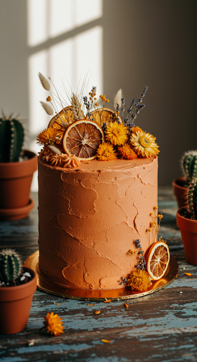 Terracottafarbene Torte mit getrockneten Blumen, Gräsern und Orangenscheiben.