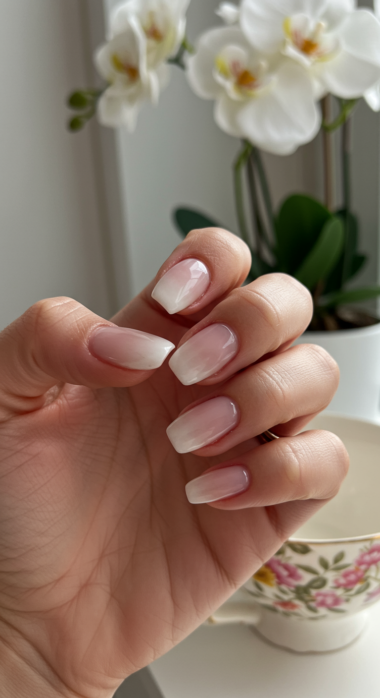 Kurze eckige Nägel mit sanftem Weiß-zu-Rosa-Ombre (Baby Boomer).
