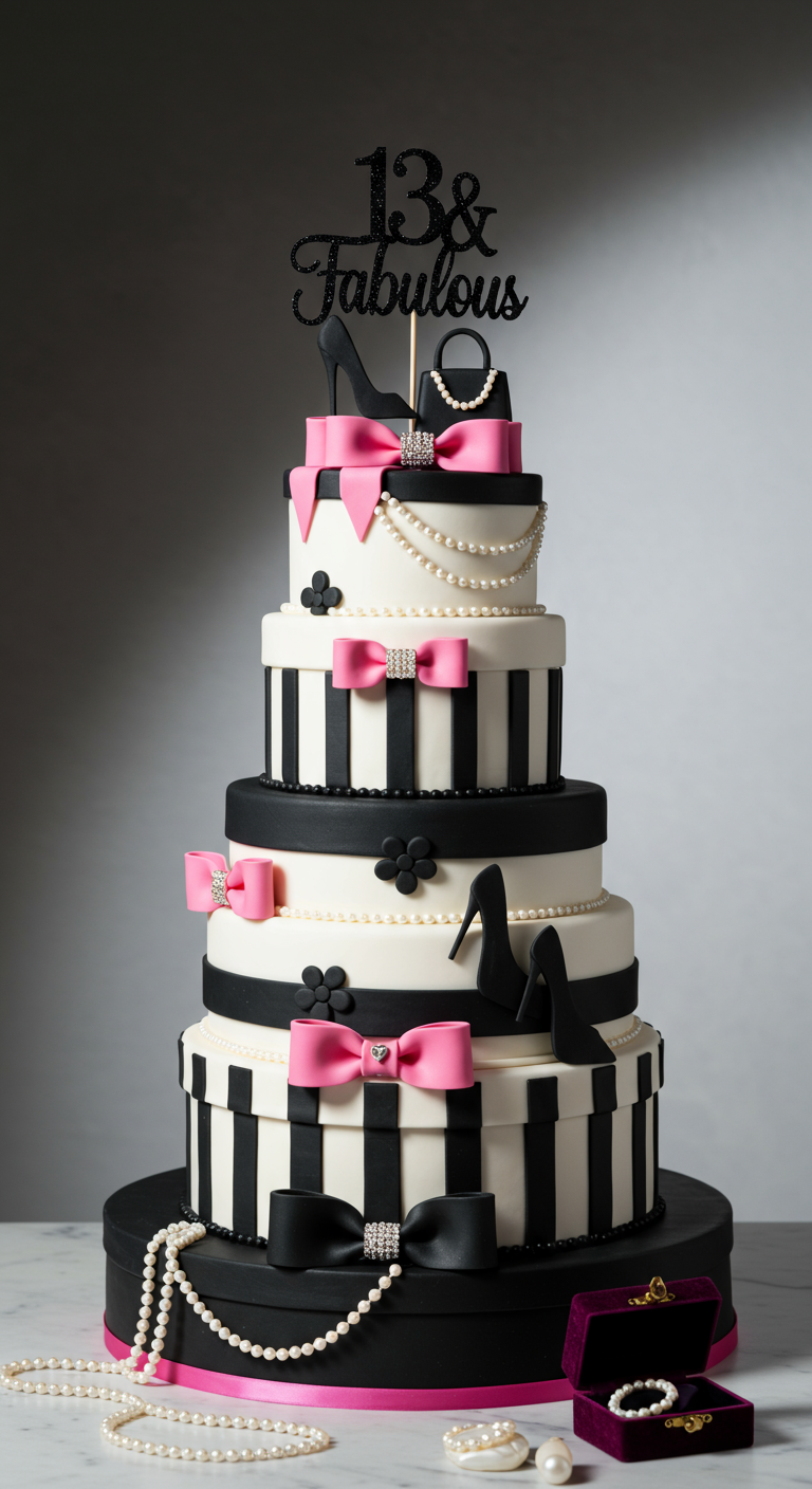 Mehrstöckige Torte in Schwarz, Weiß, Pink mit Streifen, Schleifen und Fashion-Accessoires.