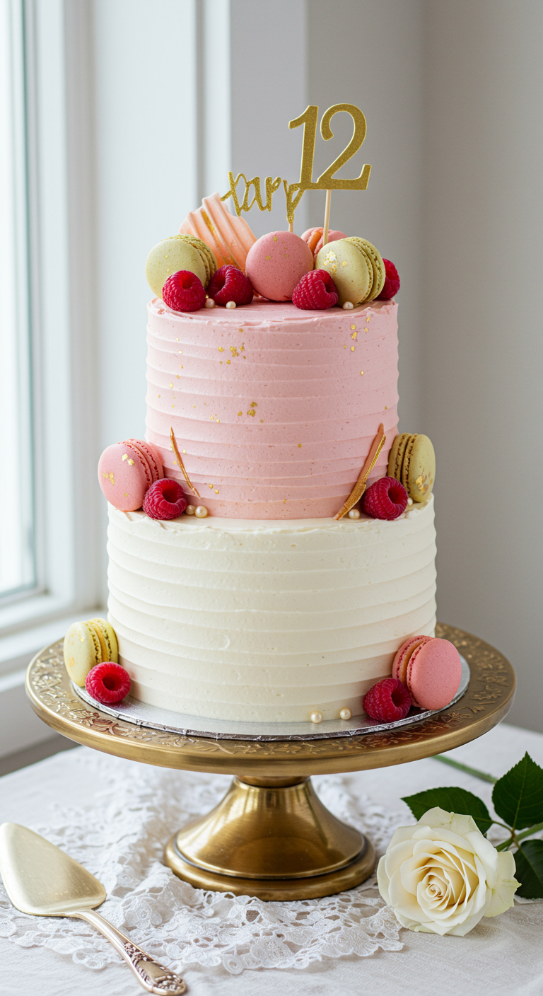 Zweistöckige Torte mit rosa und weißer Buttercreme, dekoriert mit Macarons und frischen Himbeeren.