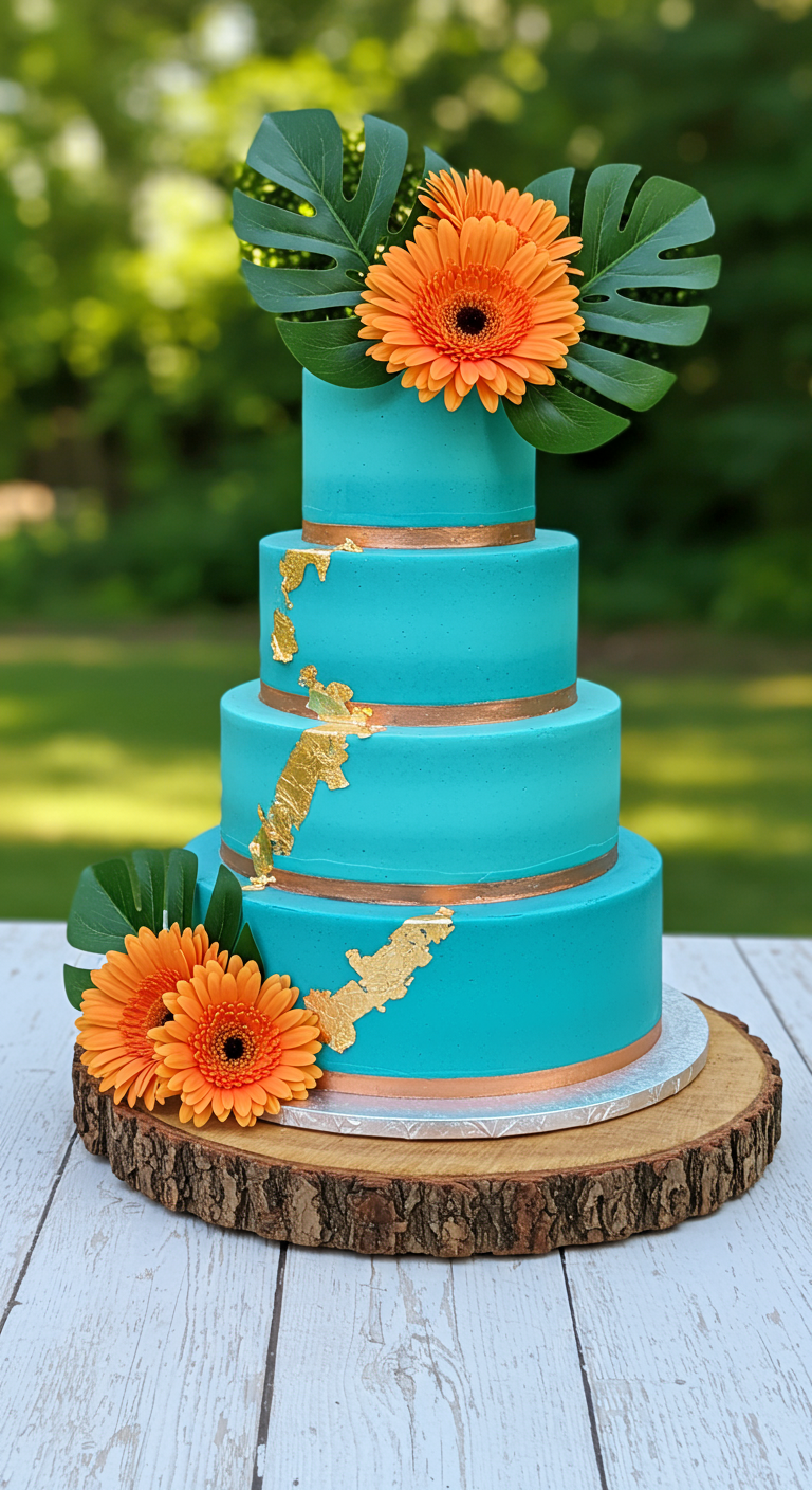 Mehrstöckige türkise Torte mit Goldakzenten, echten Orangen-Gerbera und Monstera-Blättern.