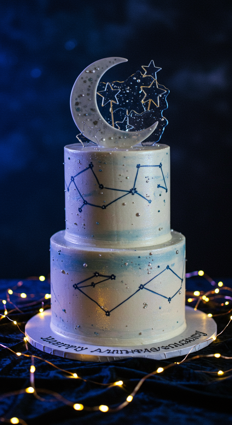 Zweistöckige Torte mit Sternbildern, Mond- und Sterne-Topper.