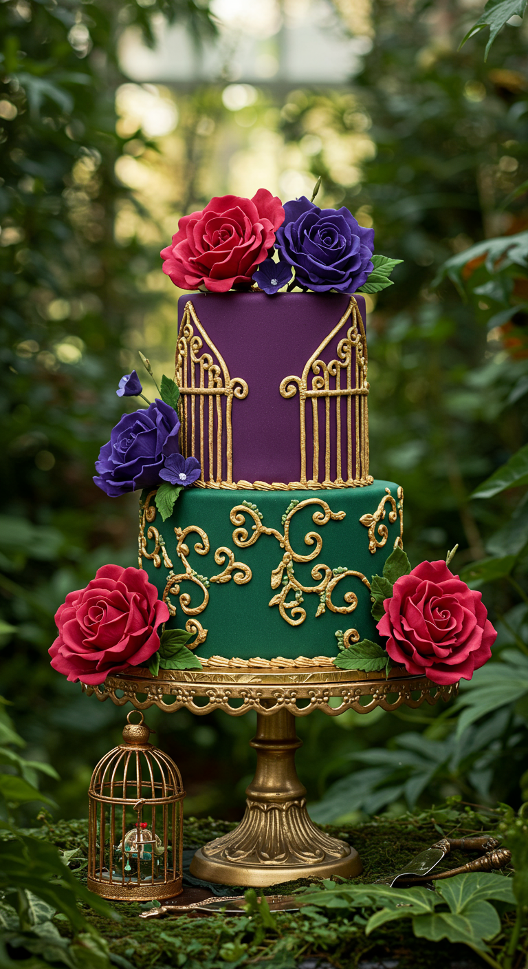 Zweistöckige Torte in Lila und Grün mit goldenen Ornamenten und großen roten und lila Rosen, märchenhaft.
