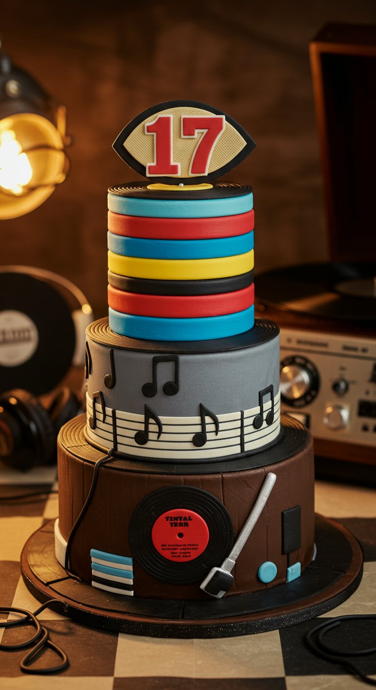 Dreistöckige Torte im Retro-Musikstil mit Schallplatten und Noten.