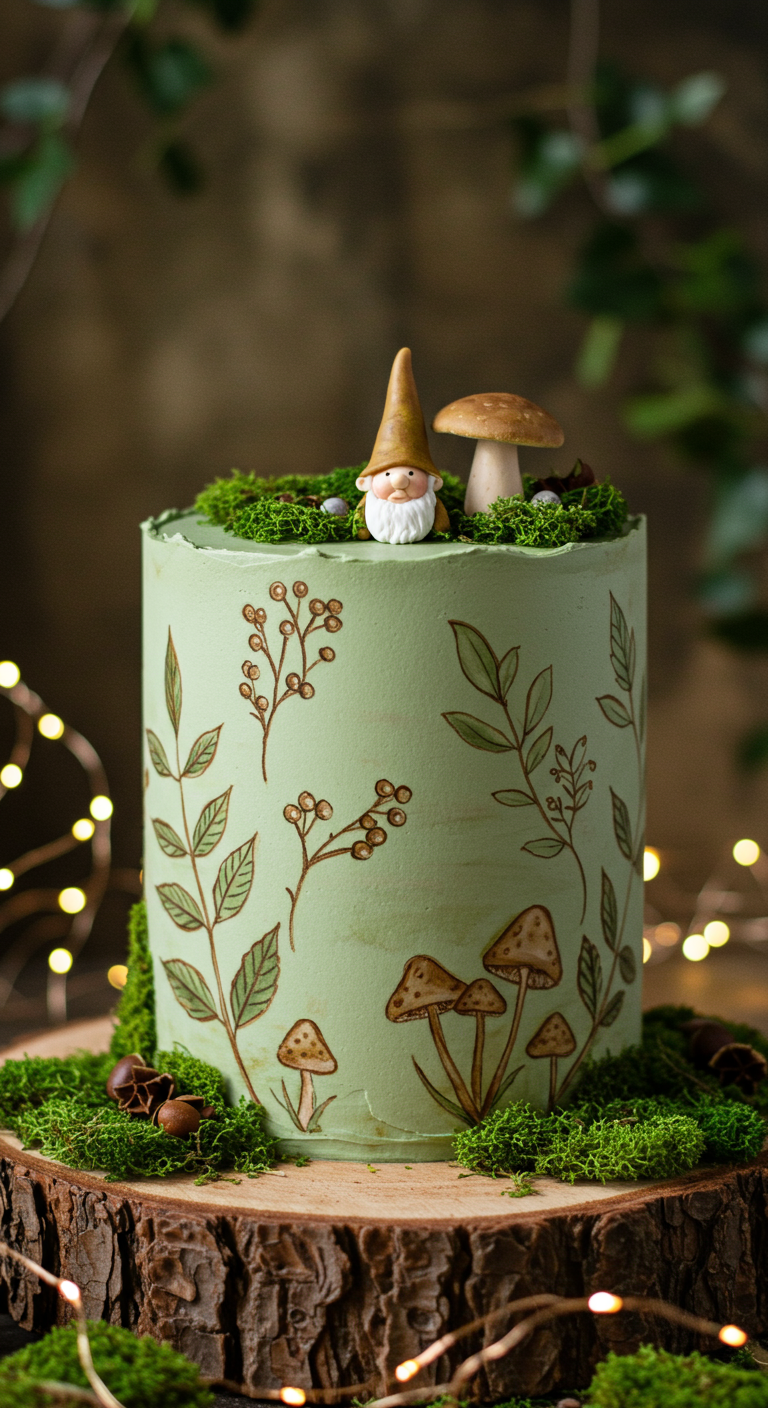 Hellgrüne Torte mit handgemalten Waldmotiven, Pilzen und einem Zwerg aus Marzipan.