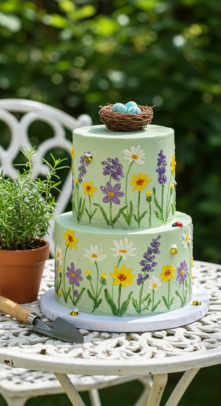 Zweistöckige hellgrüne Torte mit gemalten Wildblumen und Vogelnest-Topper.