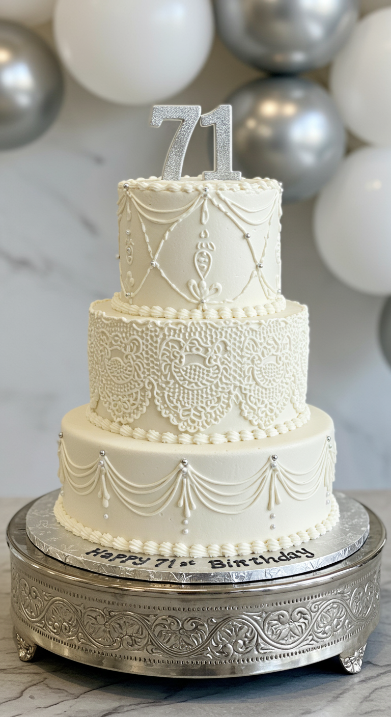 Dreistöckige weiße Torte mit filigranen weißen Spitzenmustern und silbernen Perlen.