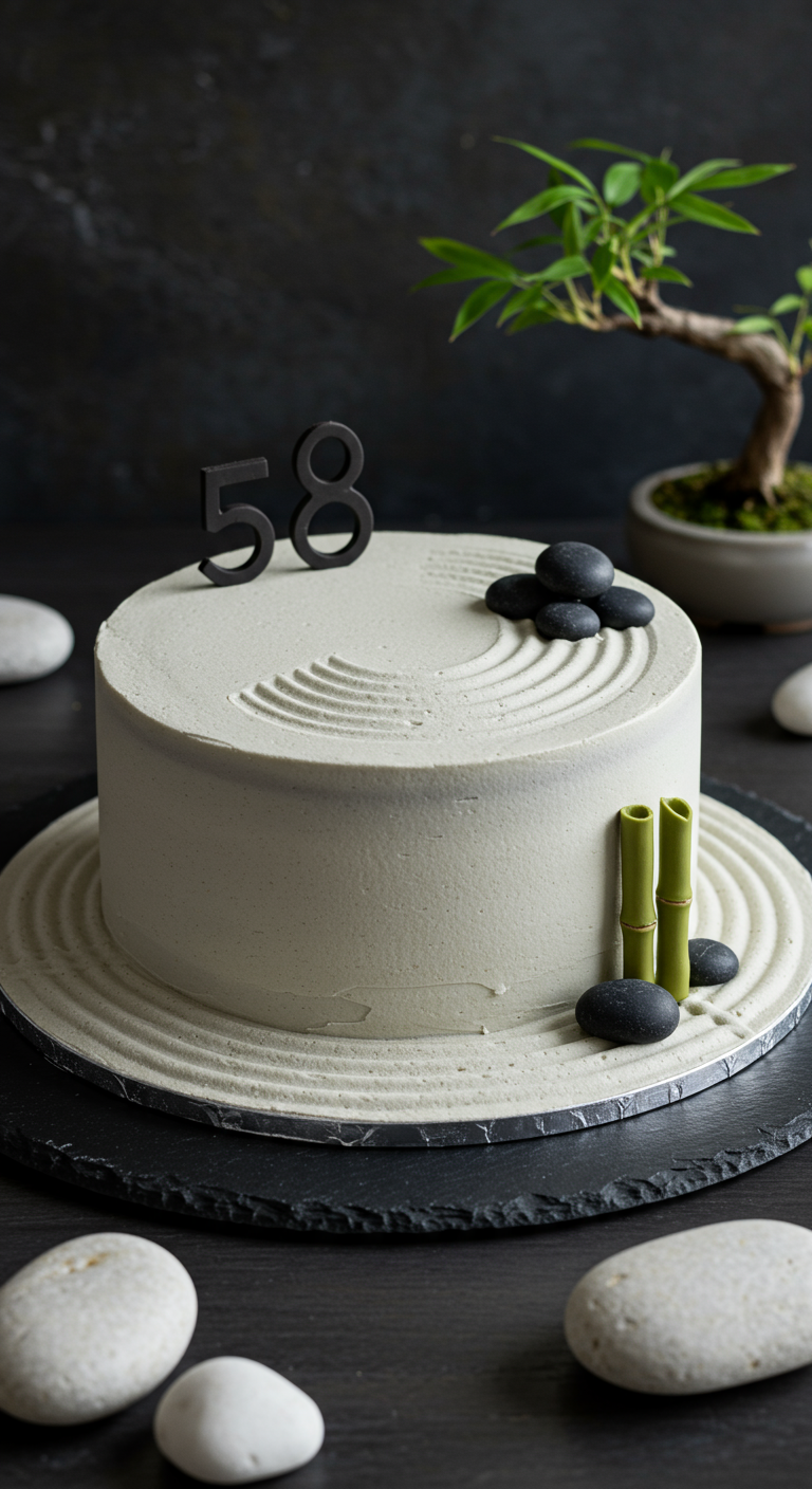 Hellgraue Torte im Zen-Garten-Stil mit geharkten Linien, schwarzen Steinen und Bambus.