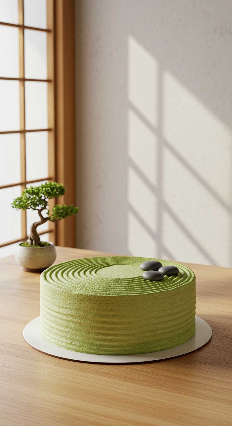 Grüne Matcha-Torte mit Zen-Garten-Muster und Steinen.