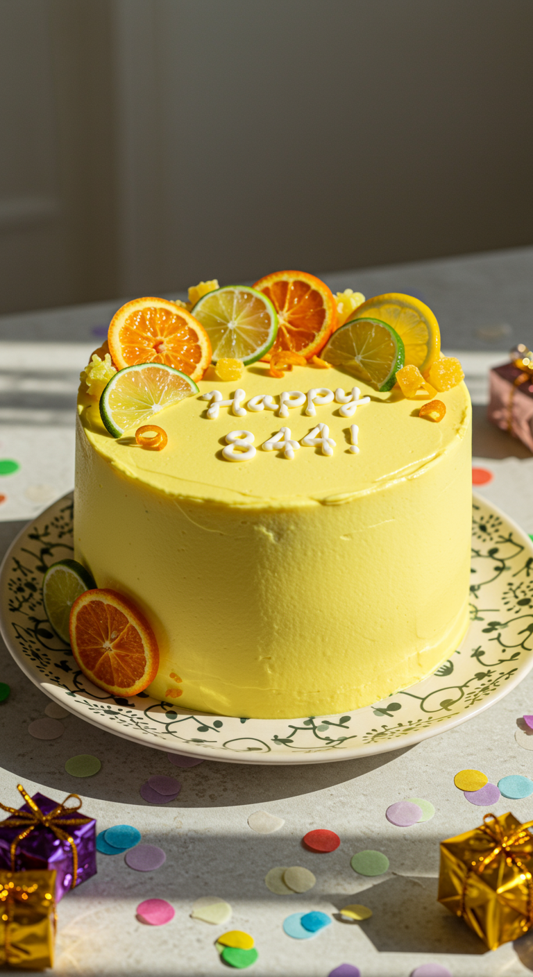 Gelbe Torte dekoriert mit frischen Zitrusscheiben und Schriftzug