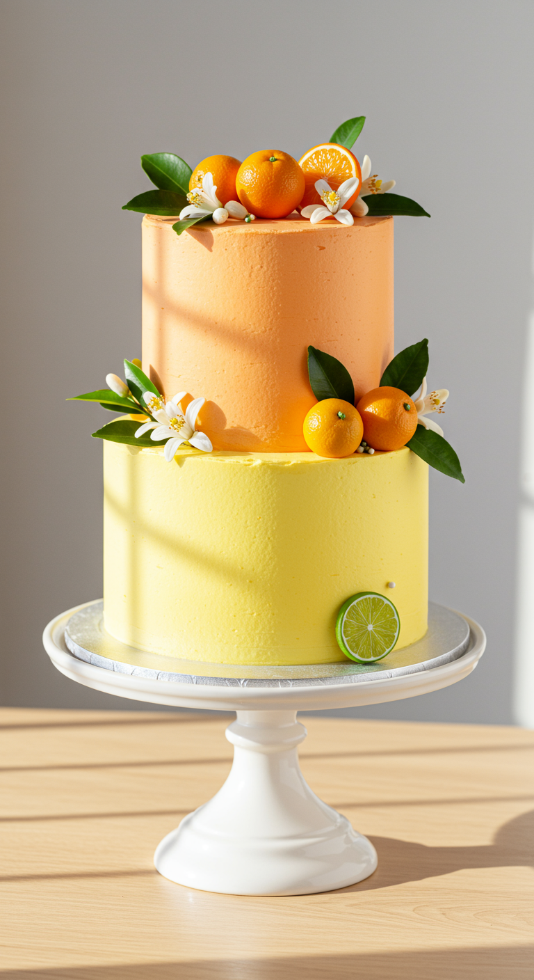 Zweistöckige Torte in Orange und Gelb, dekoriert mit frischen Orangen und Orangenblüten.