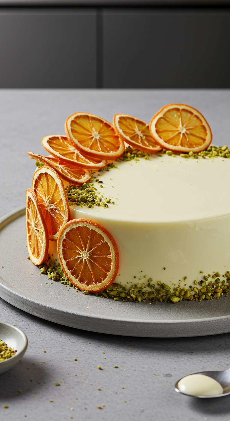 Weiße, glatte Torte (Panna Cotta Stil) mit getrockneten Orangenscheiben und Pistazienkernen.