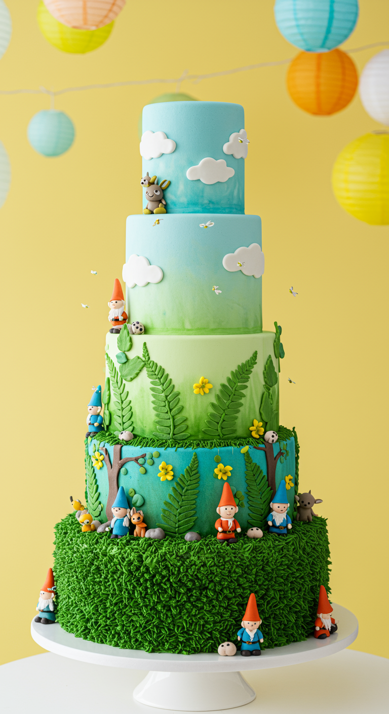 Mehrstöckige Torte mit Zwergenfiguren, Gras-Optik und Himmel-Farbverlauf.